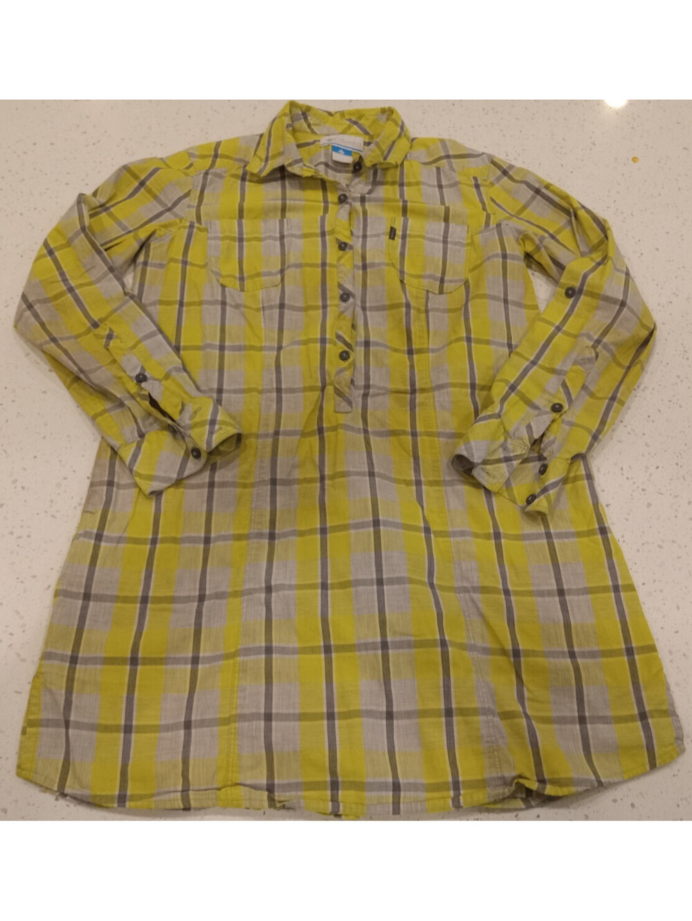 Columbia Dress Womens Large Yellow Gray Plaid Button Front Roll Tab Sleeve Tunic